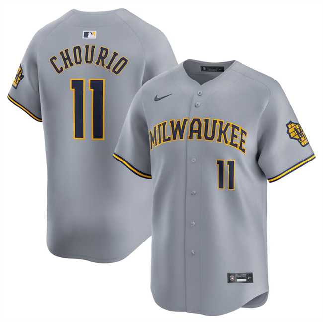 Mens Milwaukee Brewers #11 Jackson Chourio Grey 2024 Away Limited Stitched Baseball Jersey